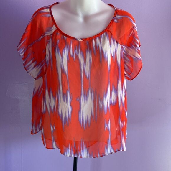 Soprano Women's Sheer Short Sleeve Blouse Red White Purple Sz Small Lightweight - Picture 1 of 3